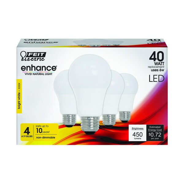 Feit Electric Feit Enhance A19 E26 (Medium) LED Bulb Bright White 40 Watt Equivalence 4 pk OM40/930CA10K/4 - main
